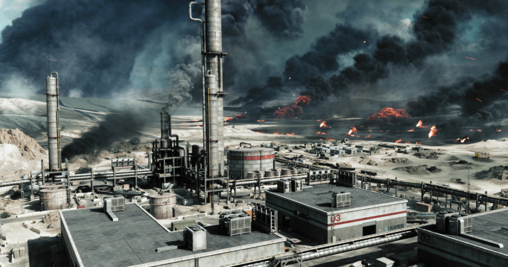 Aerial view of a massive Conquest battle with explosions across the map