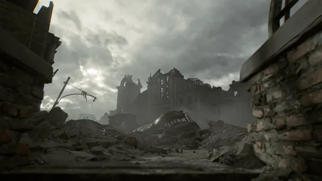 In-game screenshot of Raccoon City ruins or the Care Center environment