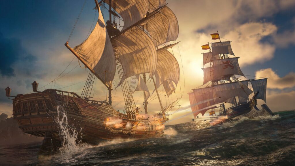 In-game screenshot of naval combat or the Jackdaw sailing through a storm